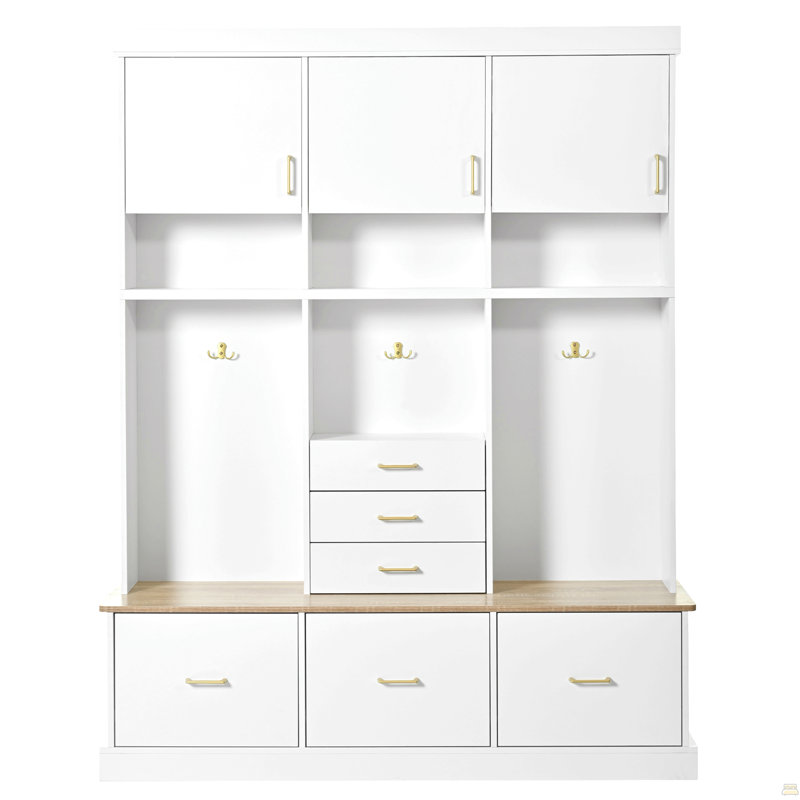 Arbre d'entrée U-Can 75 po avec banc et rangement, portemanteau moderne 5-en-1 avec portemanteau, 6 tiroirs, 3 armoires et rangement supérieur à 3 niveaux pour le couloir, l'entrée, le salon et le vestibule