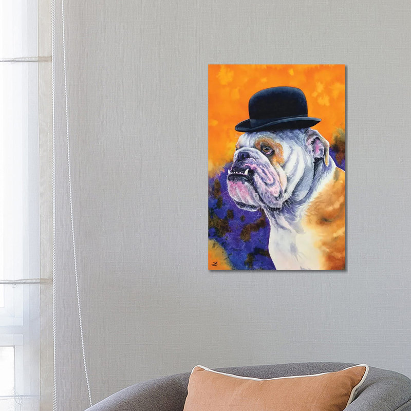 Bulldog In Derby Hat by Zaira Dzhaubaeva - Wrapped Canvas Painting