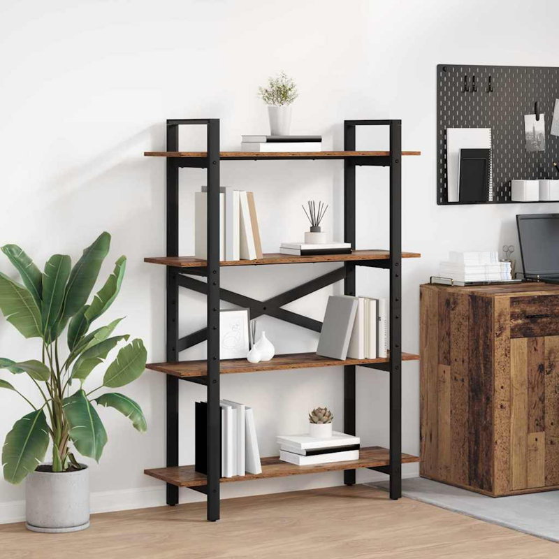 100cm W Steel Etagere Bookcase, (4 Shelves) 140cm. H x 100cm. W x 33.5cm. D, Old Wood