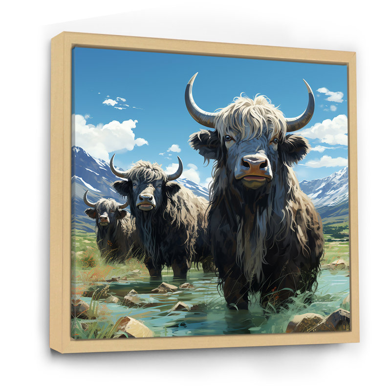 «Brown Yaks Highland Mountain Charm III - Yaks», art mural, Cadre flottant brun, H 36 po x l 36 po x P 1,5 po