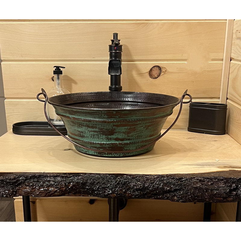 15" Copper Vessel Bucket Bathroom Sink with Decorative Handle, Aged Copper/Distressed Green