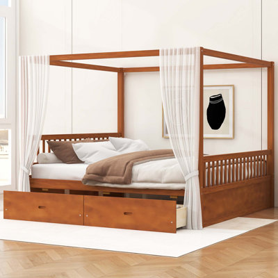 Wooden Canopy Bed with Storage Drawers
