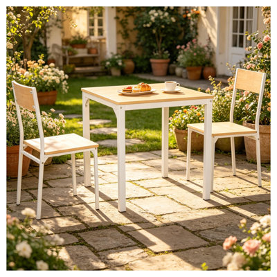 3-Piece Dining Set with Square Table and Two Chairs, White MDF and Steel Frame