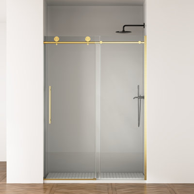 Porte de douche coulissante en verre trempé transparent de 8 mm (5/16 po), fermeture douce et silencieuse, facile à nettoyer, étanche, incassable et résistante à la corrosion, finition or brossé, pour salle de bain de style traditionnel américain, 75 po x 50 po x 54 po