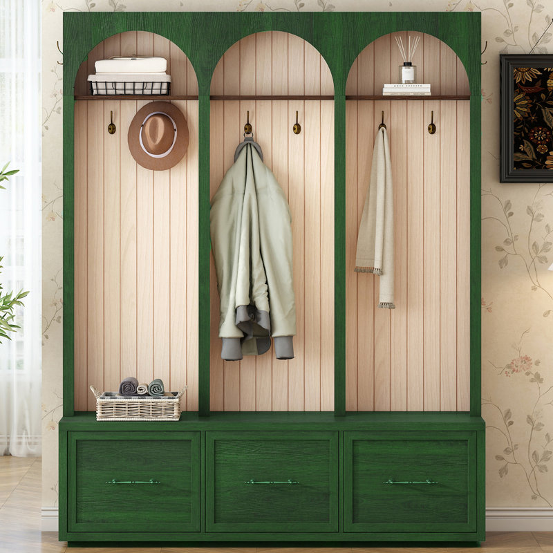 59"W 3-In-1 Hall Tree With 6 Hooks, Storage Bench With 3 Drawers, Green