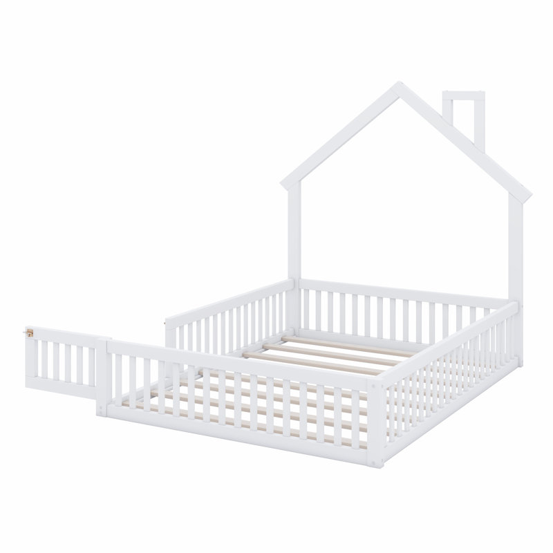 Wood House Platform Bed With Guardrail, White