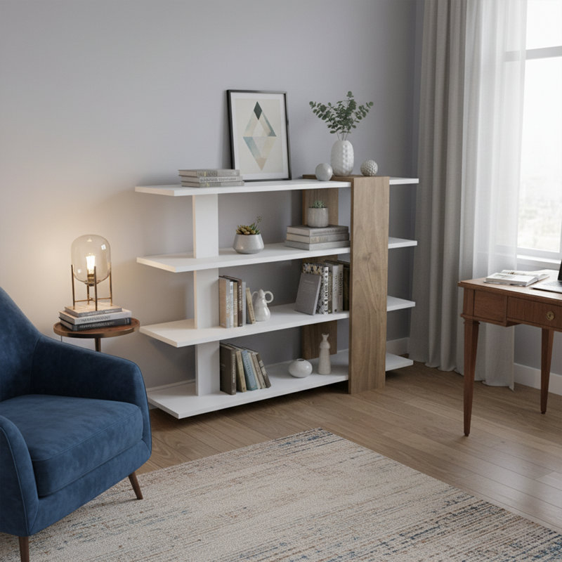 Bibliothèque blanche et noyer avec 7 tablettes ouvertes