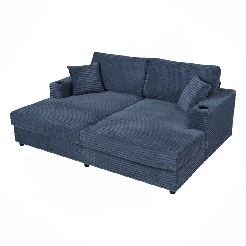86.5" Oversized Loveseat Chaise Lounge Sectional Sofa Bed Corduroy Sleeper Sofa With Two USB Ports , Two Cup Holders And Two Throw Pillows For Living Room And Bedroom