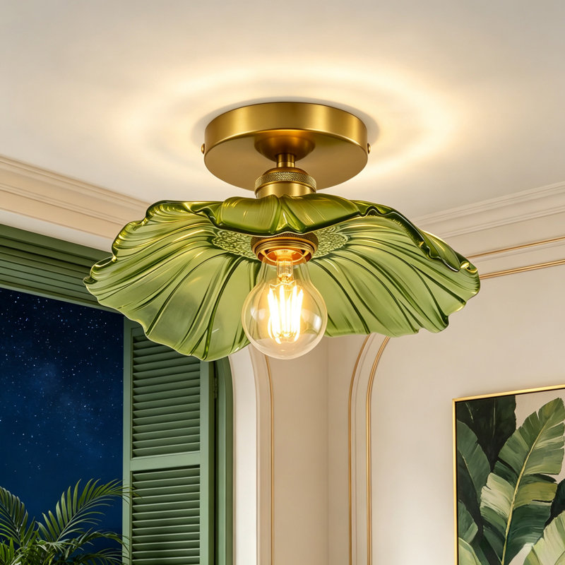 Plafonnier semi-encastré à intensité variable 11,42 po avec abat-jour en verre fleur de lotus, Green