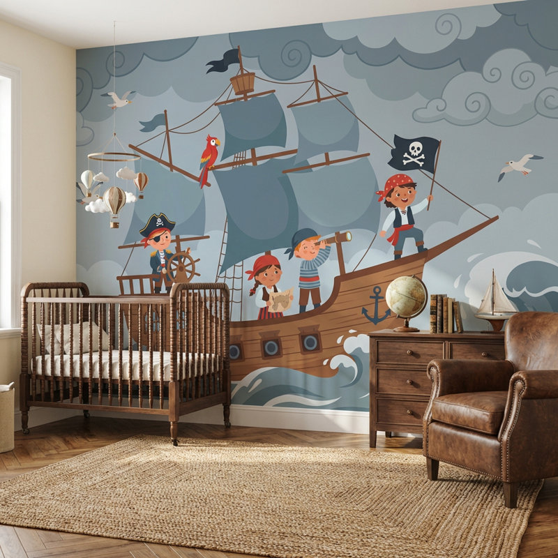 Caricature de bateau d'aventure pirate, Non tissé, 140 po x 108 po