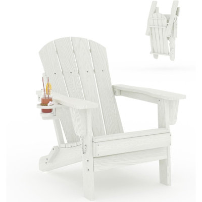  Folding HDPE Adirondack Chair with Cup Holder, Wood-Grain Texture, All-Weather Outdoor Patio Seating for Decks, Gardens, Fire Pit