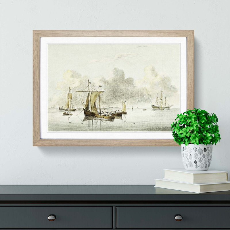Sailing Ships by Jean Bernard - Picture Frame Painting Print, 48cm H x 65cm W x 2cm D, Oak Framed