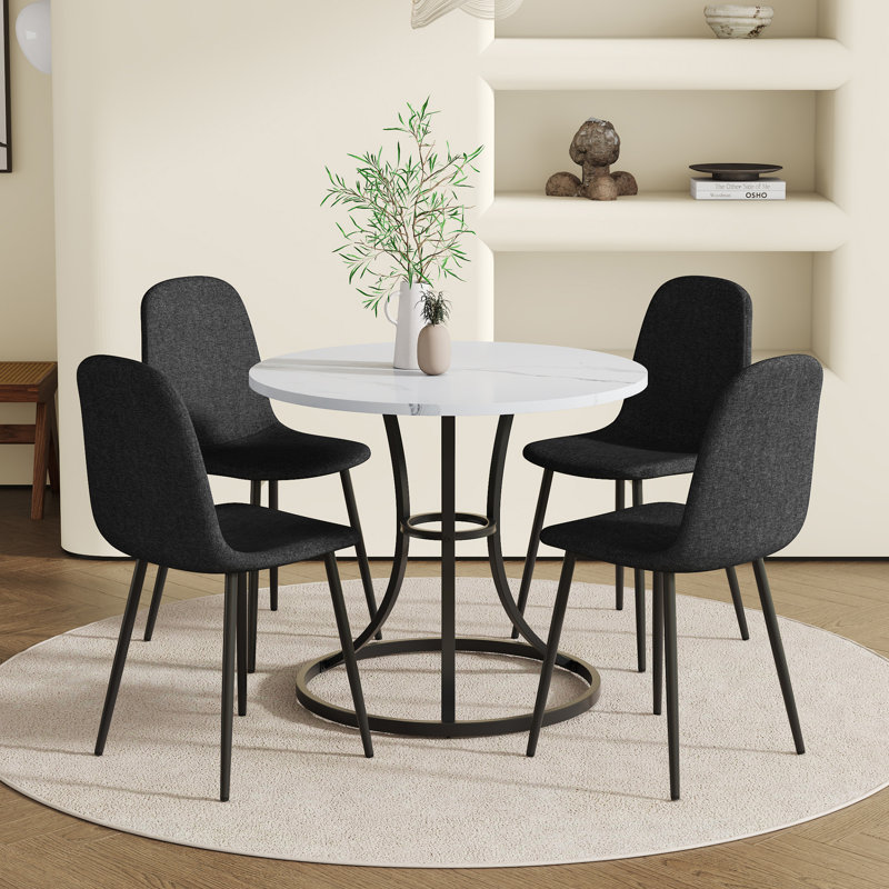 Table de salle à manger ronde moderne 33,3 po avec 4 chaises en lin et coton noir, pieds en métal élégants et confortables