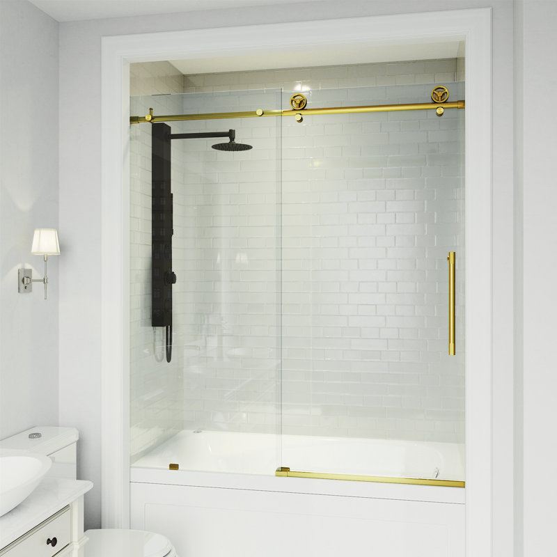 Cass 56-60" W x 66" H Sliding Frameless Tub Door with 3/8" Clear Glass, Matte Brushed Gold