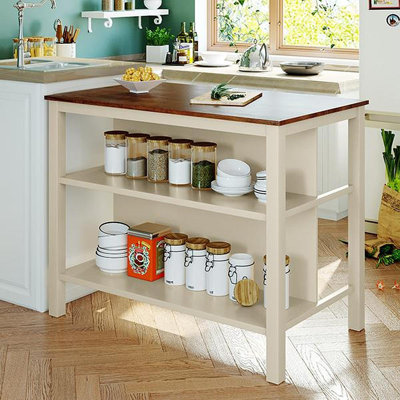 Îlot de cuisine en bois massif 45 po, table de préparation en bois d'hévéa avec 2 tablettes ouvertes pour petits espaces, noyer et blanc crème