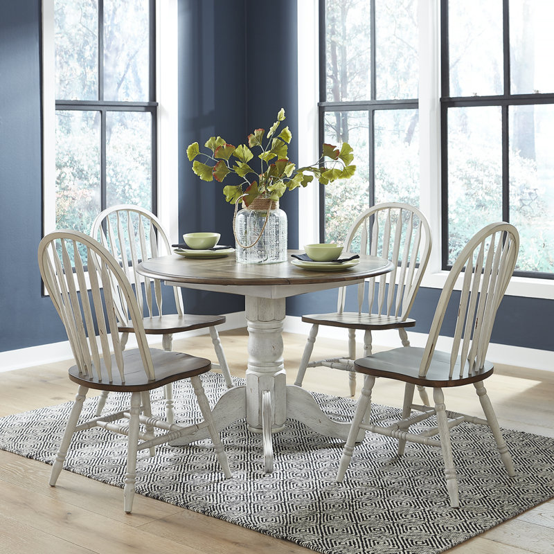 Judique Antique White 4 Person Drop Leaf Dining Table Set, Brown/White, 5 Pieces: Table, 4 Chairs
