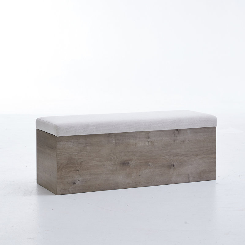 Banc en toile texturée en chenille avec plateau rabattable et base en bois - idéal pour la chambre à coucher, facile à assembler, toile de rangement rembourrée d'apparence neutre, sièges de chambre à coucher, style moderne