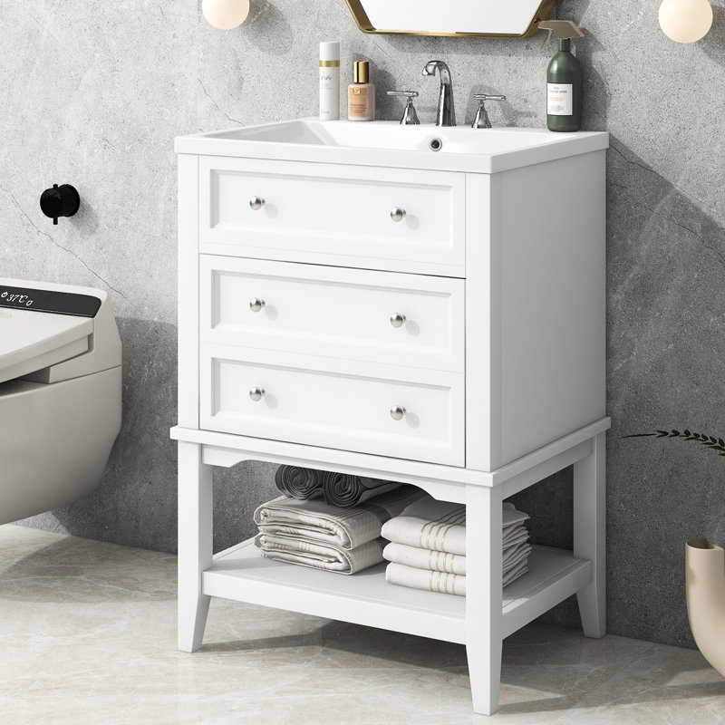 Meuble-lavabo moderne de 24 po en bois massif blanc avec lavabo en céramique, tiroir et tablette ouverte