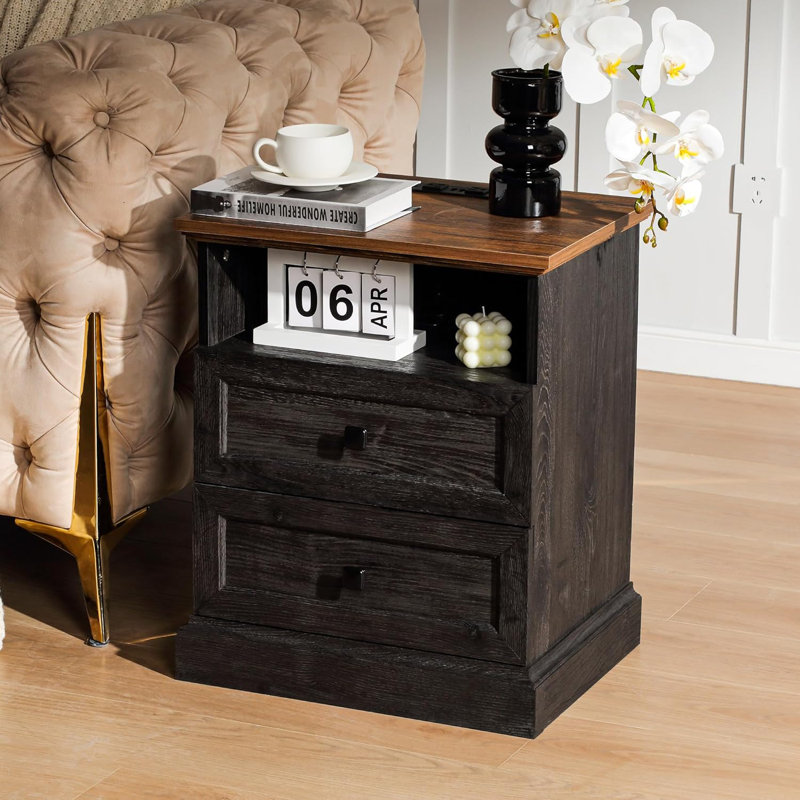 Table de chevet 20 po avec 2 tiroirs et rangement ouvert, Gris, Individuel