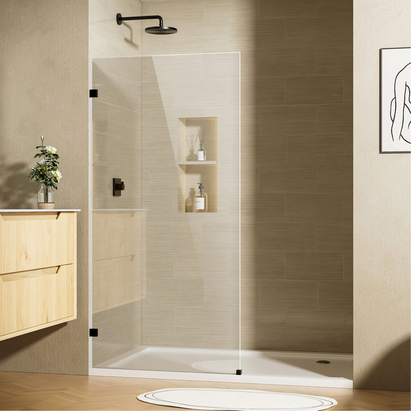 34" W x 68" H Bathroom Shower Door, Frameless Fixed 3/8" (10mm) Thick Clear Tempered Glass Door Panel, Matte Black Clamp Hardware