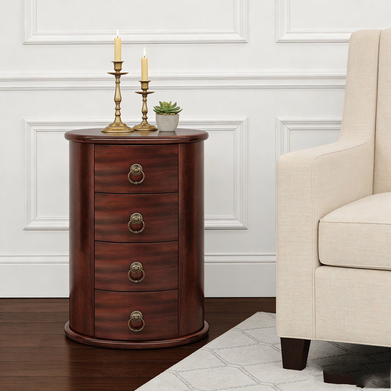 Wood Round Side Table With 4 Drawers