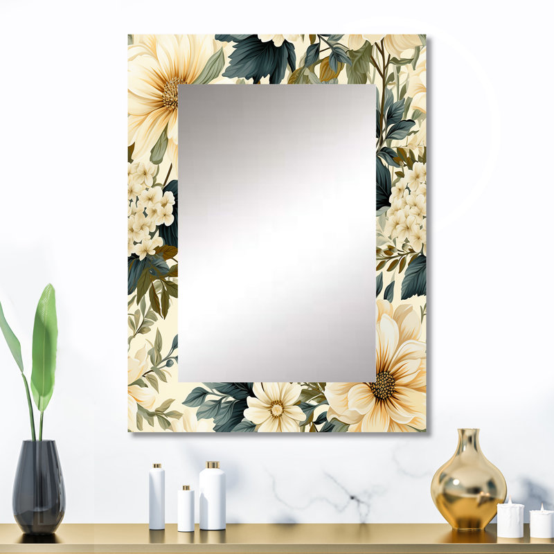 Antique Beige And Blue Peonies Flowers - Floral Decorative Mirror, Cottage Large Wall Mirror, Printed Metal Art, 32" x 24"