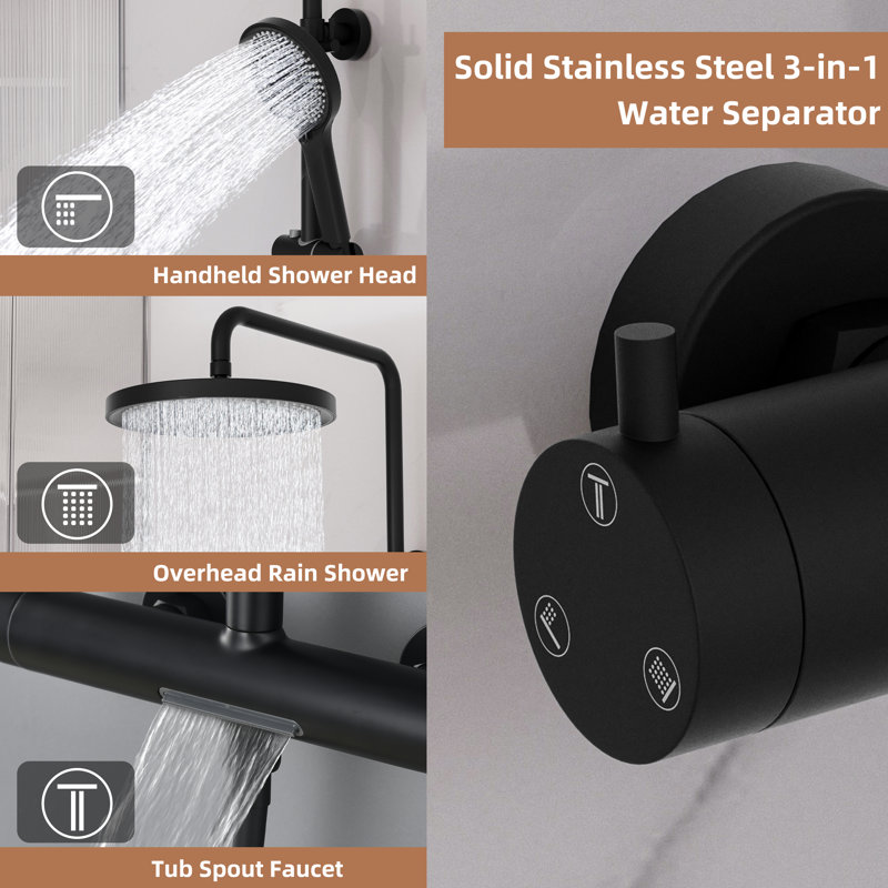 10" Rainfall Shower System,3-Function with Waterfall Tub Spout & 3-Mode Handheld,1.59 GPM, CUPC/NSF Certified, Adjustable Height,Matte Black
