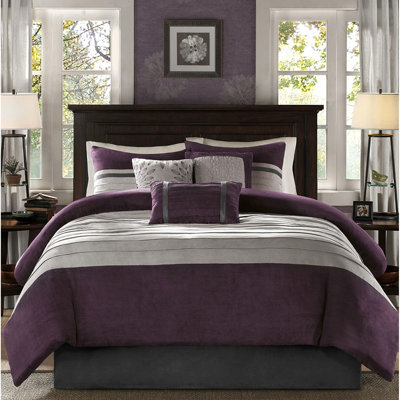 Édredon en faux suède mauve - 7 pièces, style transitionnel, 3 coussins décoratifs, 2 taies décoratives assorties, jupe de lit en suède doux au toucher, 1 jupe, fer à vapeur