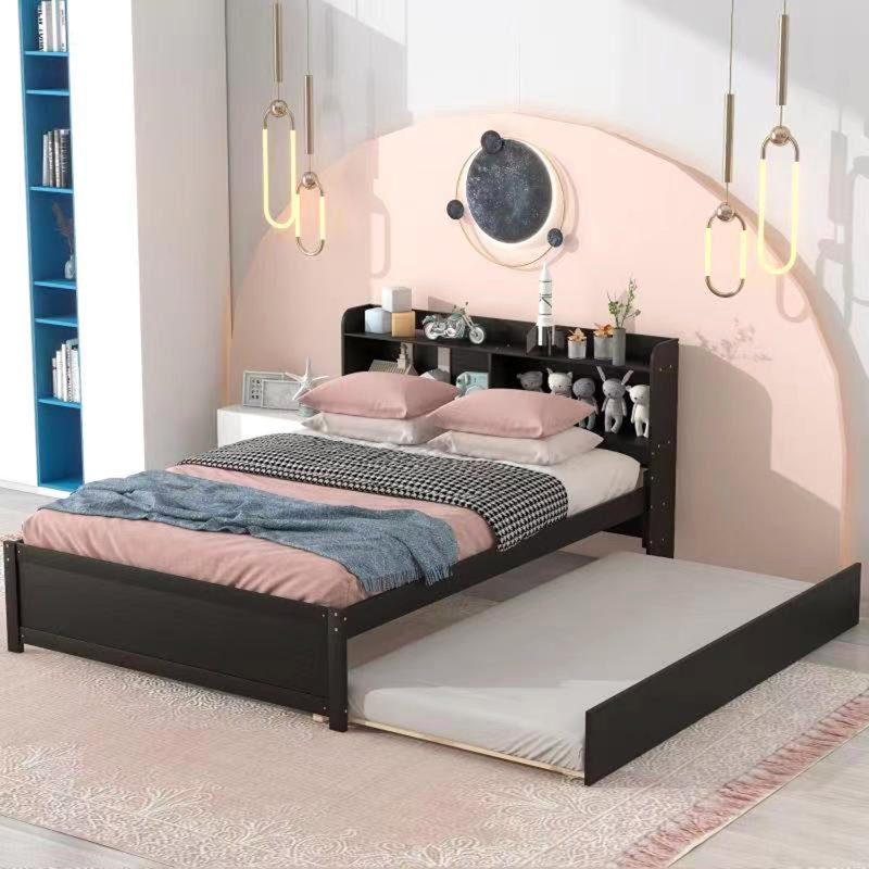 Engeliene Wooden Bed with Trundle,Storage Bed Frame with Bookcase, Espresso, Full