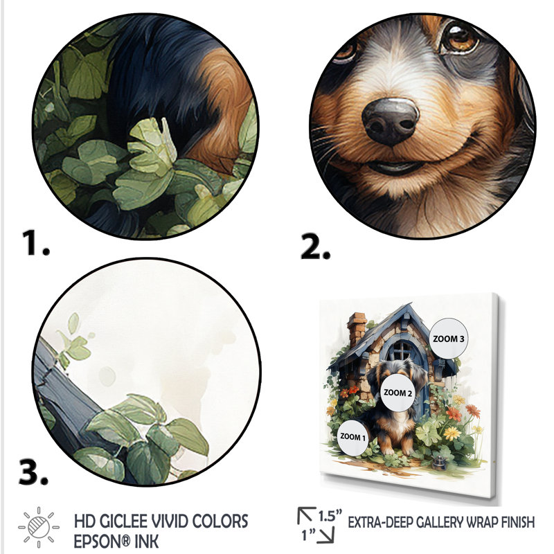 «Puppy Doghouse Blooms I», art mural chien, Cadre simple noir, H 36 po x l 36 po x P 1,5 po