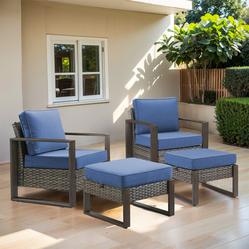 Allcot Outdoor 2-Person Seating Group With Ottomans With Cushions, Blue, Gray