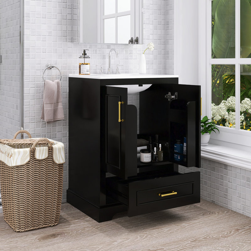 Modern Freestanding Bathroom Vanity With Ceramic Sink, Black, 24"
