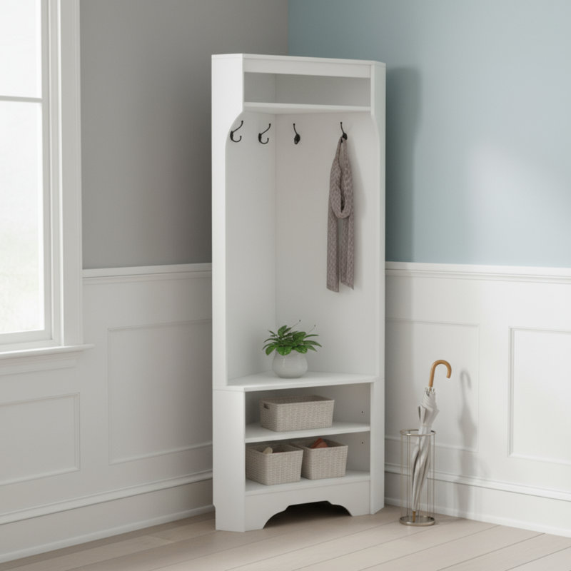 White Minimalist Corner Living Room Cabinet, Multifunctional Entrance Coat Rack With Shoe Bench And 4 Hooks, With Adjustable Corridor Shelves, Suitable For Living Room