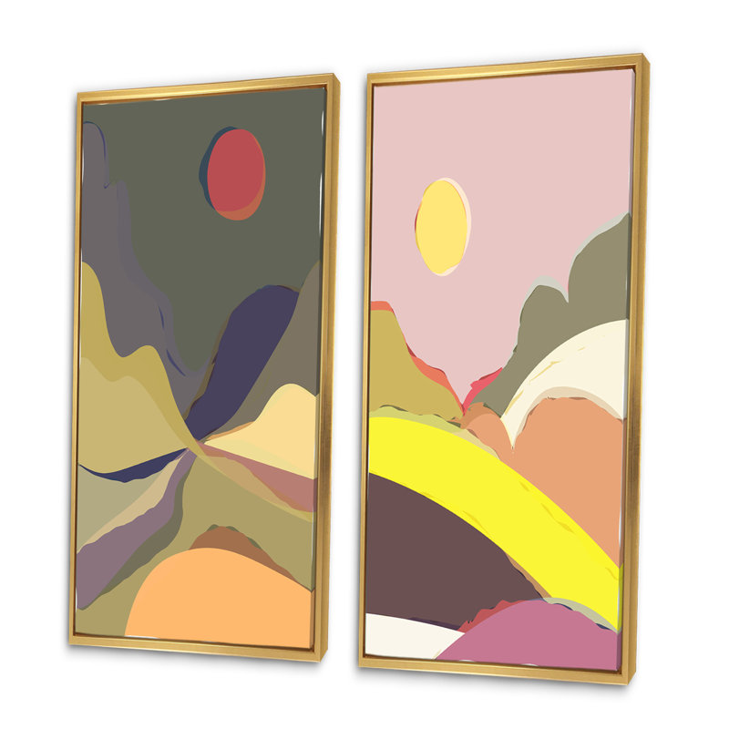«Full Moon Mountain Retro Landscape II», ensemble de 2 peintures, H 32 po x l 32 po x P 1 po, Cadre doré