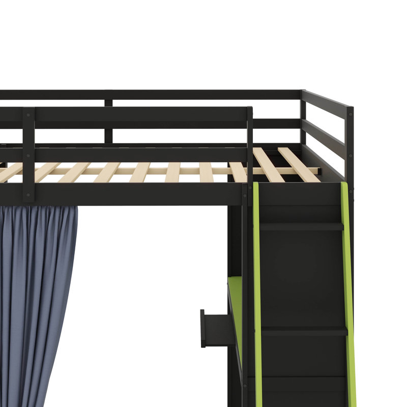 Lit mezzanine double avec garde-robe, tablettes, rideaux occultants et éclairage RVB, Noir/vert