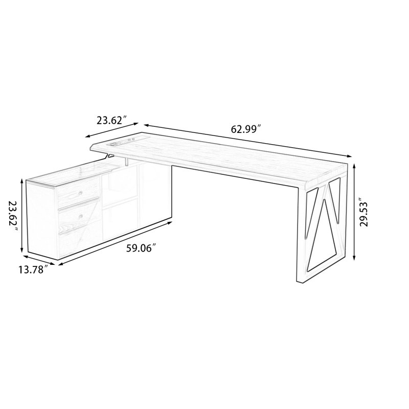 Nut-brown+Black Solid Wood+Iron with 3 drawers desk, 29.53" H x 62.99" W x 23.62" D, Left Hand Return
