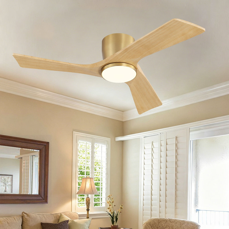Ventilateur de plafond 42 po à 3 pales en bois massif d'intérieur avec télécommande encastrée et DEL intégrée, Gold, 42
