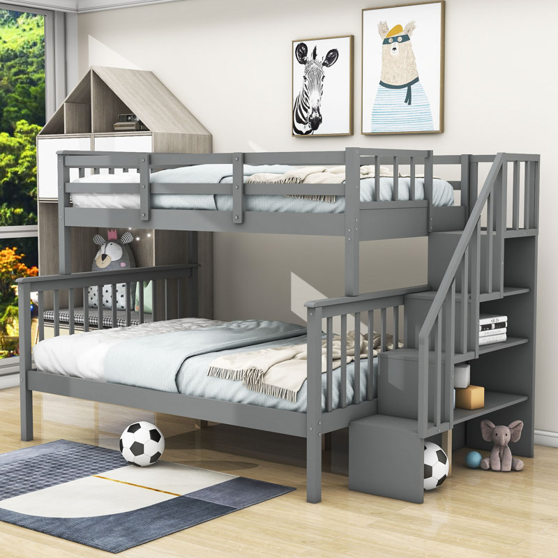 Lit superposé simple au-dessus de double en bois avec escalier de rangement Jovie, gris