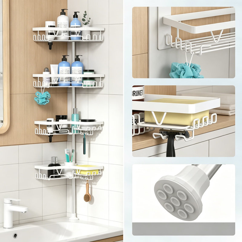 Rangement de poteau de douche pour coin de douche - Organisateur de salle de bain en acier inoxydable avec tablettes à 4 niveaux, finition blanche résistante à la rouille, réglable 22-114,2 po, installation sans perceuse