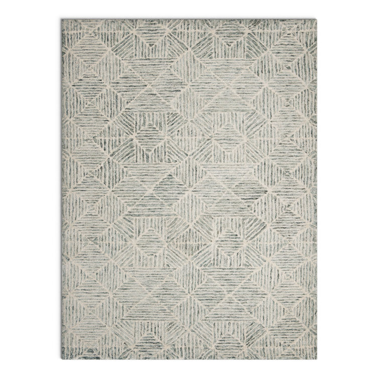 Linsly Geometric Handmade Tufted Wool/Cotton Light Green/Ivory Area Rug