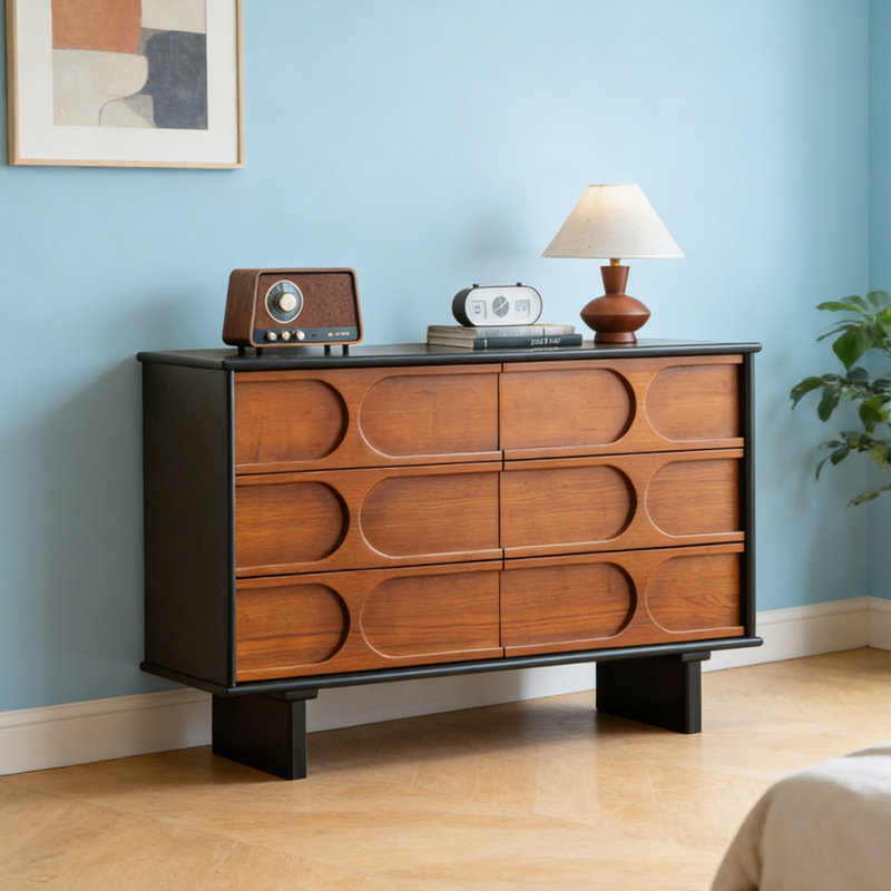 Armoire à 6 tiroirs en bois massif noir et brun