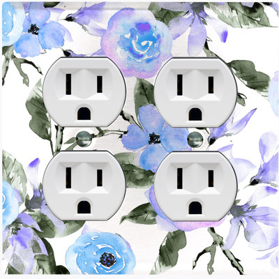 Metal Light Switch Plate Outlet Cover (Blue Roses Flowers Water Colour Green Leaves White - Single Toggle)