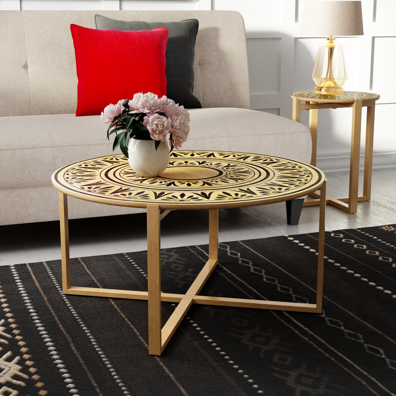 Natural Wood and Metal Round Coffee Table with Floral Design
