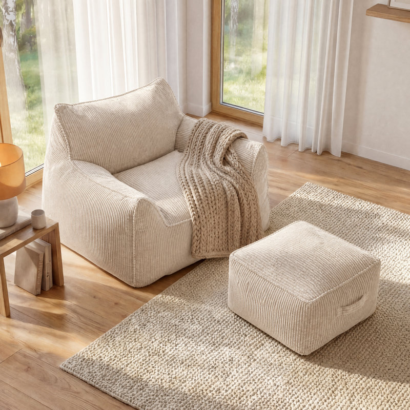Large 320gsm Corduroy Bean Bag Lounger - Ergonomic 22kg Foam Support Floor Sofa - OEKO-TEX , Light Grey