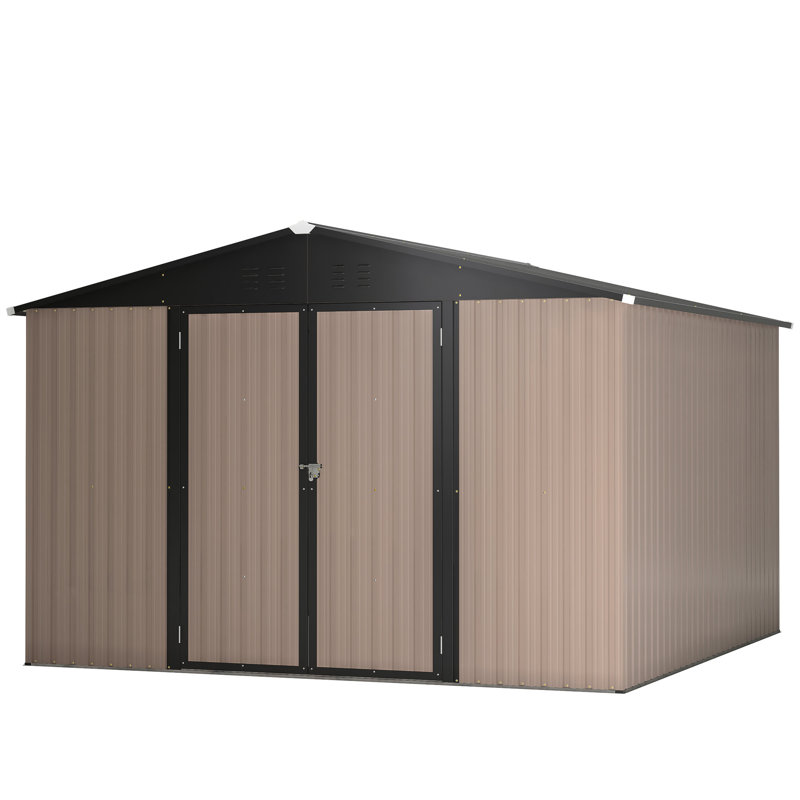 Metal Storage Shed 10' X 10', Brown, Lockable, Ventilated For Garden Tools & Equipment Outdoor Shed, Patio, Brown