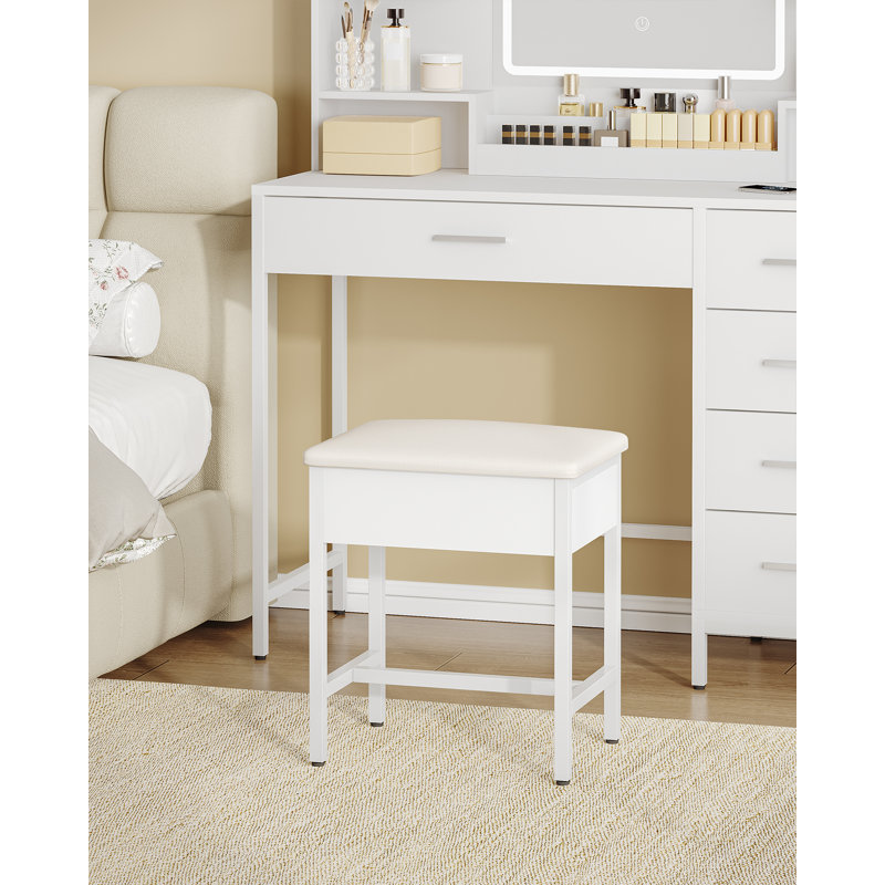 Dressing Table Stool, Vanity Stool with Steel Legs, Soft Padded Dressing Table Chair with Non-Slip Foot Pads for Makeup Room, Bedroom, Entryway, White 