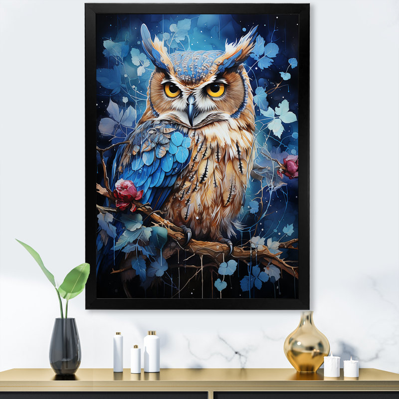 Chouettes bleues au clair de lune I, Cadre noir, H 44 po x l 34 po x P 1,5 po