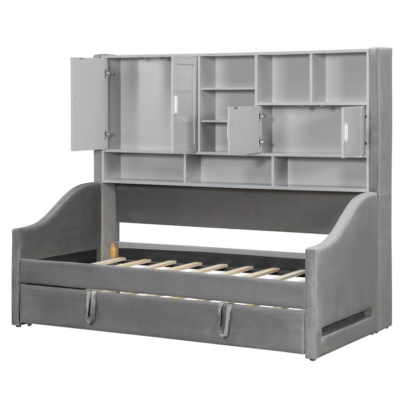 Lit de jour simple en tissu d'ameublement gris avec éclairage d'accoudoirs intégrés, amplement d'armoires de rangement et structure en tissu doux pour lit gigogne pour une chambre confortable