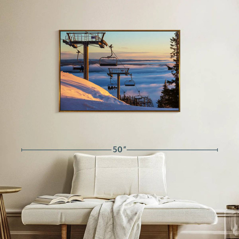 Remontées mécaniques au coucher du soleil, Cadre flottant doré, 37 po x 25 po