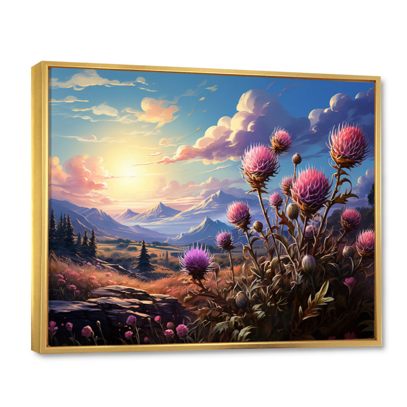Purple Thistle Thought - Floral Wall Art Living Room, H 16 po x l 32 po x P 1 po, Cadre flottant doré